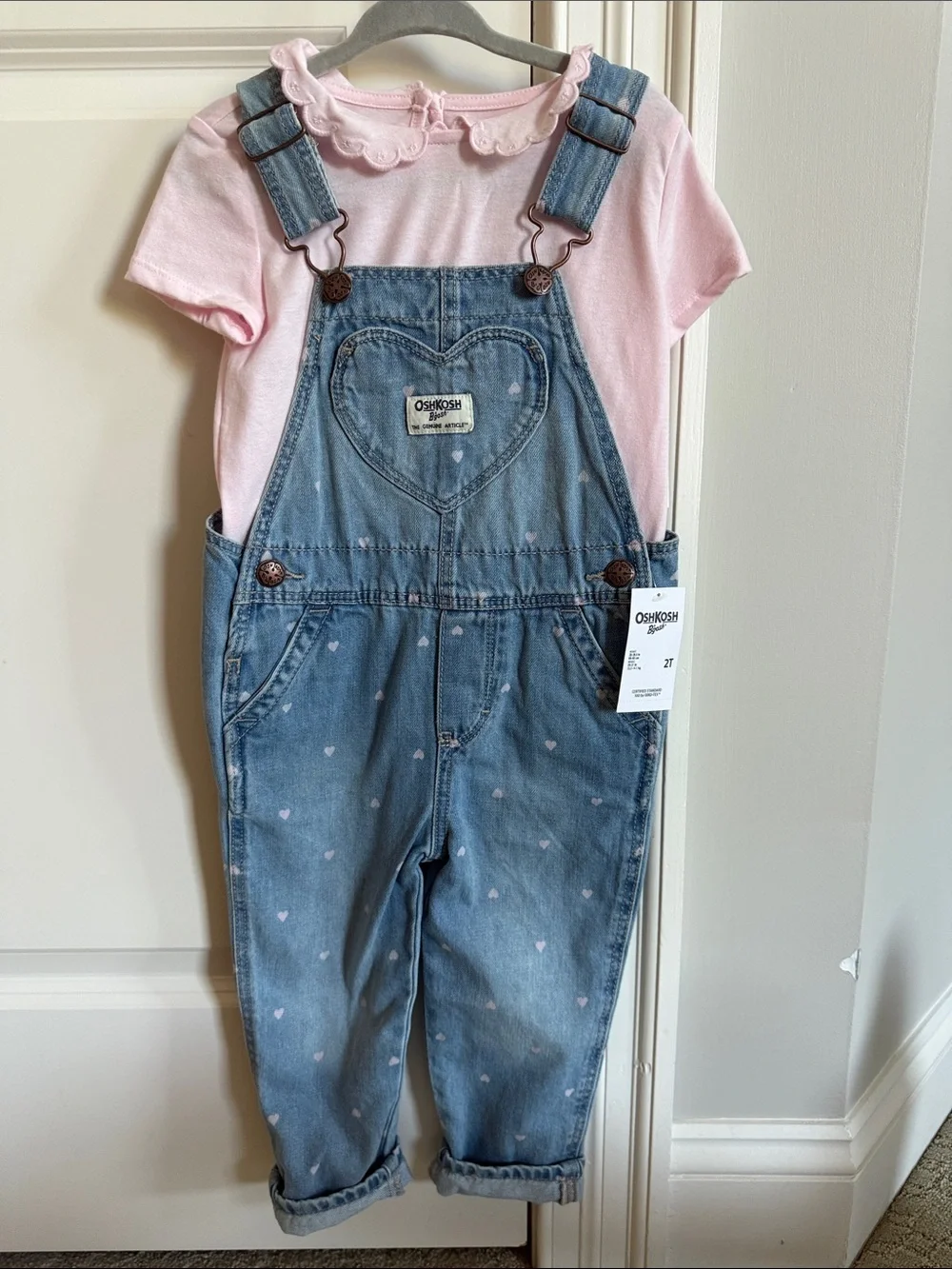 OshKosh B'gosh Light Blue Denim Overalls with Pink Hearts- Brand new!